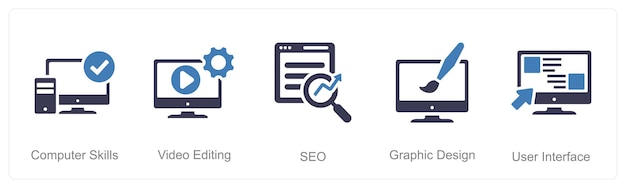A set of 5 Hard Skills icons as computer skills video editing seo