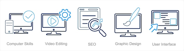 A set of 5 Hard Skills icons as computer skills video editing seo
