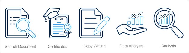 A set of 5 Hard Skills icons as search document certificates copy writing
