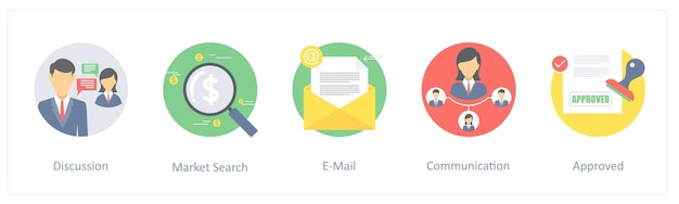 A set of 5 icons such as discussion market search