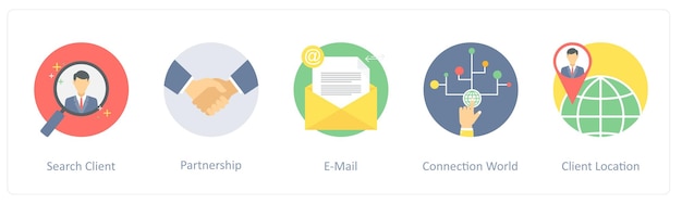 A set of 5 icons such as search client partnership email