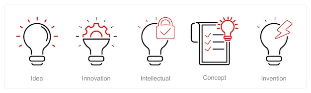 a set of 5 intellectual property icons as idea innovation intellectual