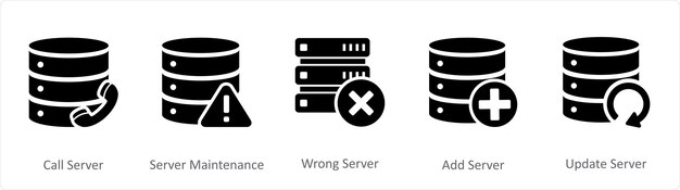 a set of 5 internet black icons as call server server maintenance wrong server