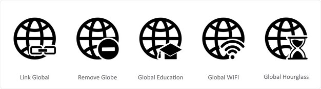 A set of 5 Internet black icons as link global remove globe global education