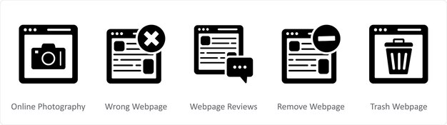 A set of 5 Internet black icons as online photography wrong webpage