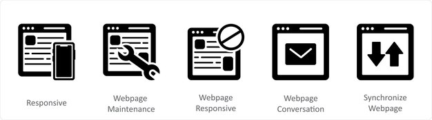 A set of 5 Internet black icons as responsive webpage maintenance webpage prohibited
