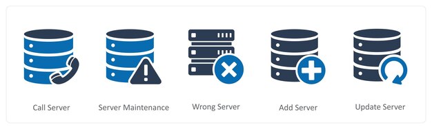 a set of 5 internet icons as call server server maintenance wrong server