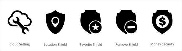 A set of 5 Internet icons as cloud setting location shield favorite shield