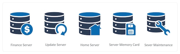 A set of 5 Internet icons as finance server update server home server