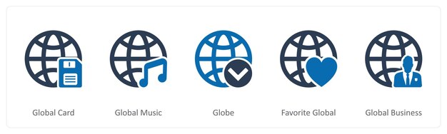 A set of 5 Internet icons as global card global music globe