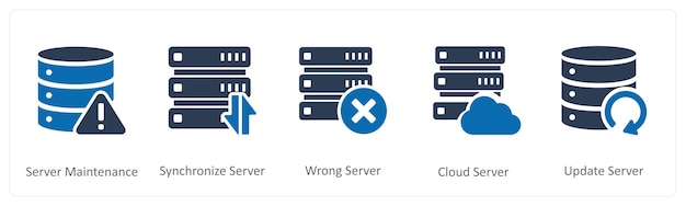 a set of 5 internet icons as server maintenance synchronize server wrong server