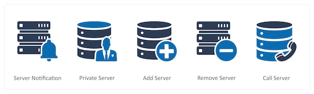 a set of 5 internet icons as server notification private server add server