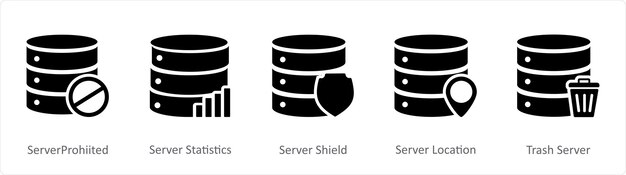 A set of 5 Internet icons as server prohibited server statistics server shield