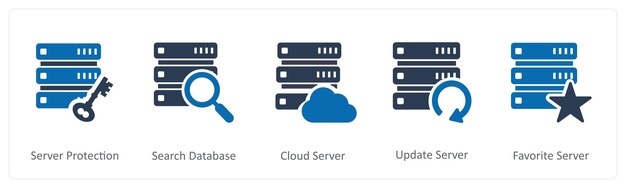 a set of 5 internet icons as server protection search database cloud server