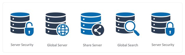 a set of 5 internet icons as server security global server share server