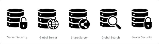 a set of 5 internet icons as server security global server share server
