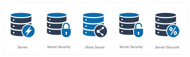 a set of 5 internet icons as server server security share server