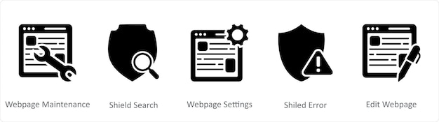 A set of 5 Internet icons as webpage maintenance shield search webpage settings