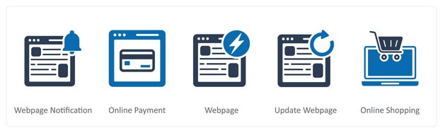 A set of 5 Internet icons as webpage notification online payment webpage