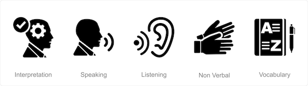 A set of 5 Language icons as interpretation speaking listening