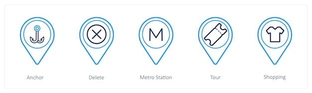 A set of 5 location pointer icons as anchor delete metro station