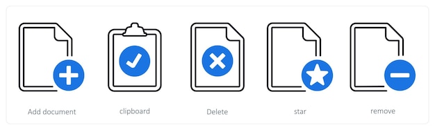 A set of 5 mix icons as add document clipboard delete