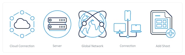 A set of 5 mix icons as cloud connection server global network