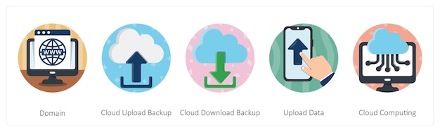 a set of 5 mix icons as domain cloud upload backup cloud download backup