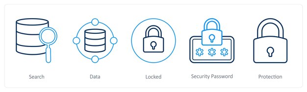 A set of 5 mix icons as search data locked security password