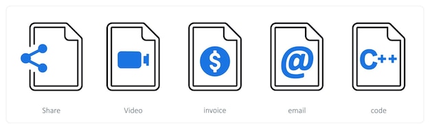 A set of 5 mix icons as share video invoice