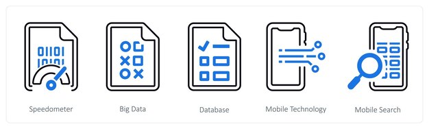 A set of 5 mix icons as speedometer big data database