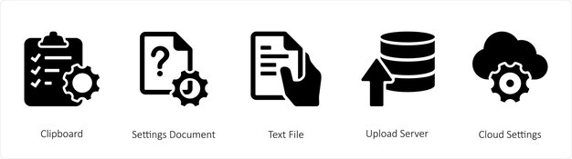 A set of 5 mix icons such as clipboard settings document