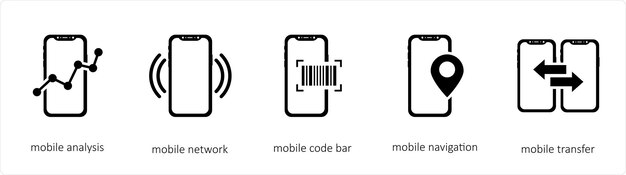 A set of 5 Mobile icons such as mobile analysis mobile network