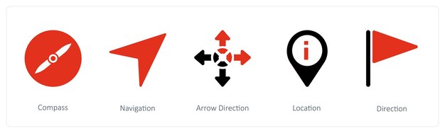 A set of 5 Navigation icons such as Compass navigation Arrow Direction