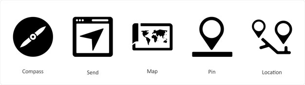 A set of 5 Navigation icons such as Compass send Map