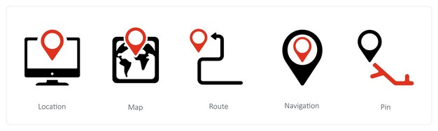 A set of 5 Navigation icons such as Location Map Route