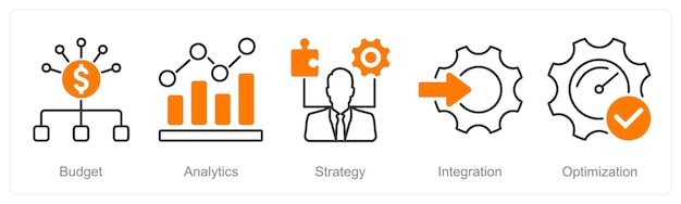 a set of 5 project management icons as budget analytics strategy