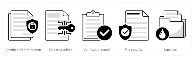 A set of 5 security icons as confidential information data encryption verification report
