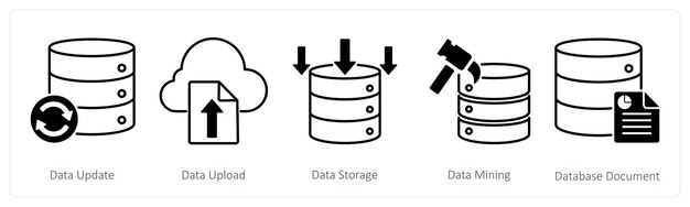 A set of 5 Seo icons as data update data upload data storage