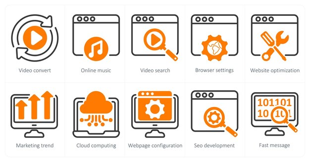 A set of 5 seo icons as video convert online music video search