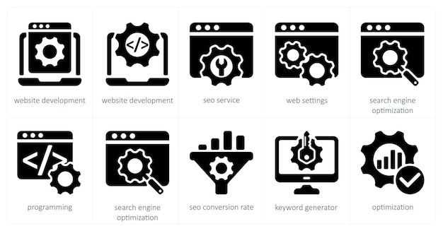 A set of 5 seo icons as website development seo service web settings