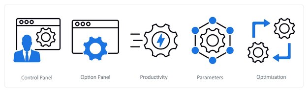 A set of 5 Settings icons as control panel option paanel productivity