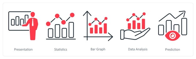 A set of 5 Statistics icons as presentation statistics bar graph