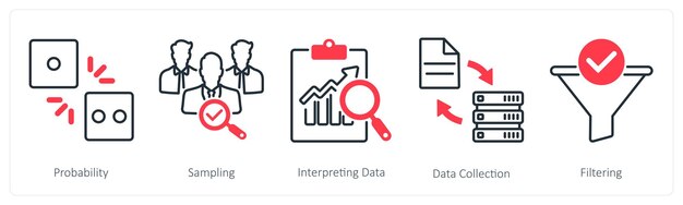 A set of 5 Statistics icons as probability sampling interpreting data