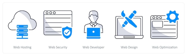 A set of 5 web design icons as web hosting web securityweb developer