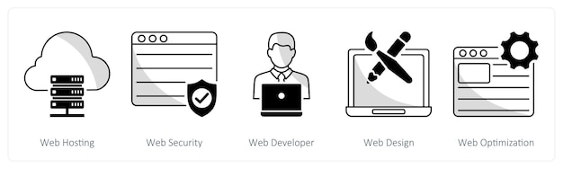 A set of 5 web design icons as web hosting web securityweb developer