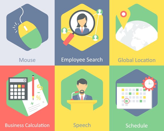 A set of 6 business icons as mouse employee search global location