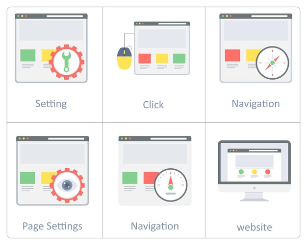 A set of 6 seo and web developemnt icons as page settings page navigation