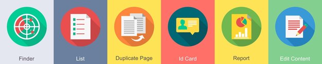 A set of 6 SEO icons as finder list duplicate page id card