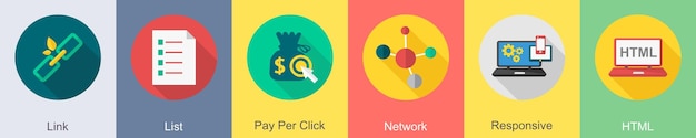 A set of 6 SEO icons as link list pay per click network